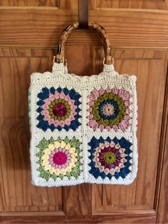 Handbags - Handmade Crochet Square Tote Bag with Bamboo Handles - Cream Multi